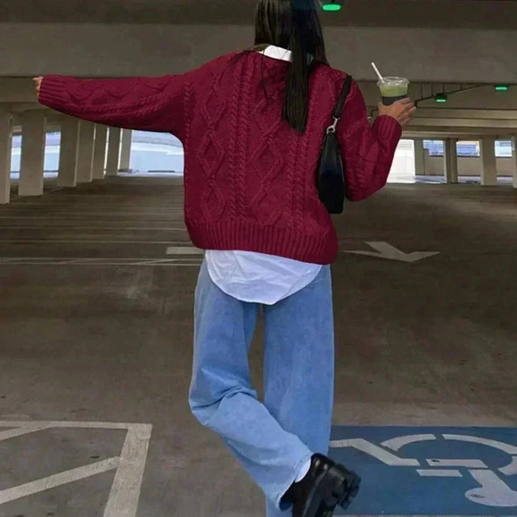 Burgundy Casual Women's Round Neck Cable Knit Long Sleeve Sweater - Picture 2 of 6